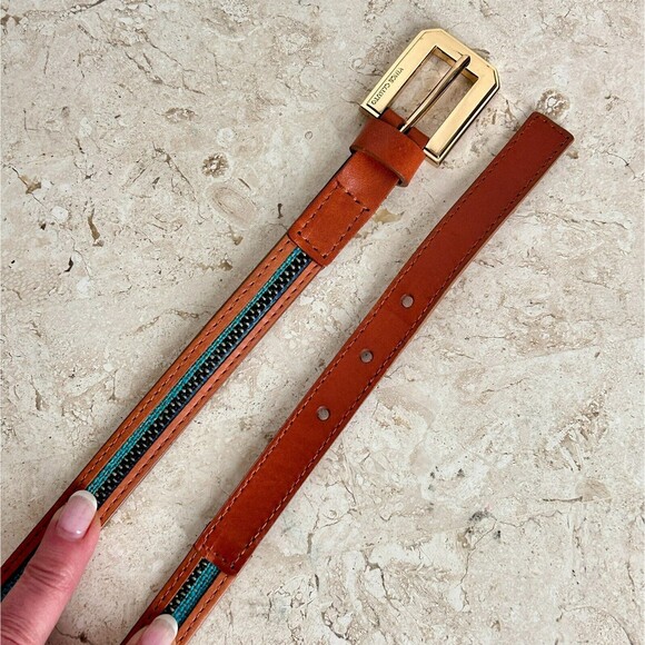 Vince Camuto Skinny Belt Tan Brown Faux Vegan Leather Blue Tapestry Inset - Picture 5 of 11